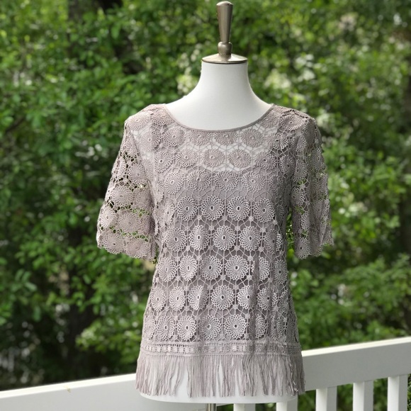 Ella Moss Gray Crochet Overlay Short Sleeve Blouse | Size Medium - Picture 1 of 8